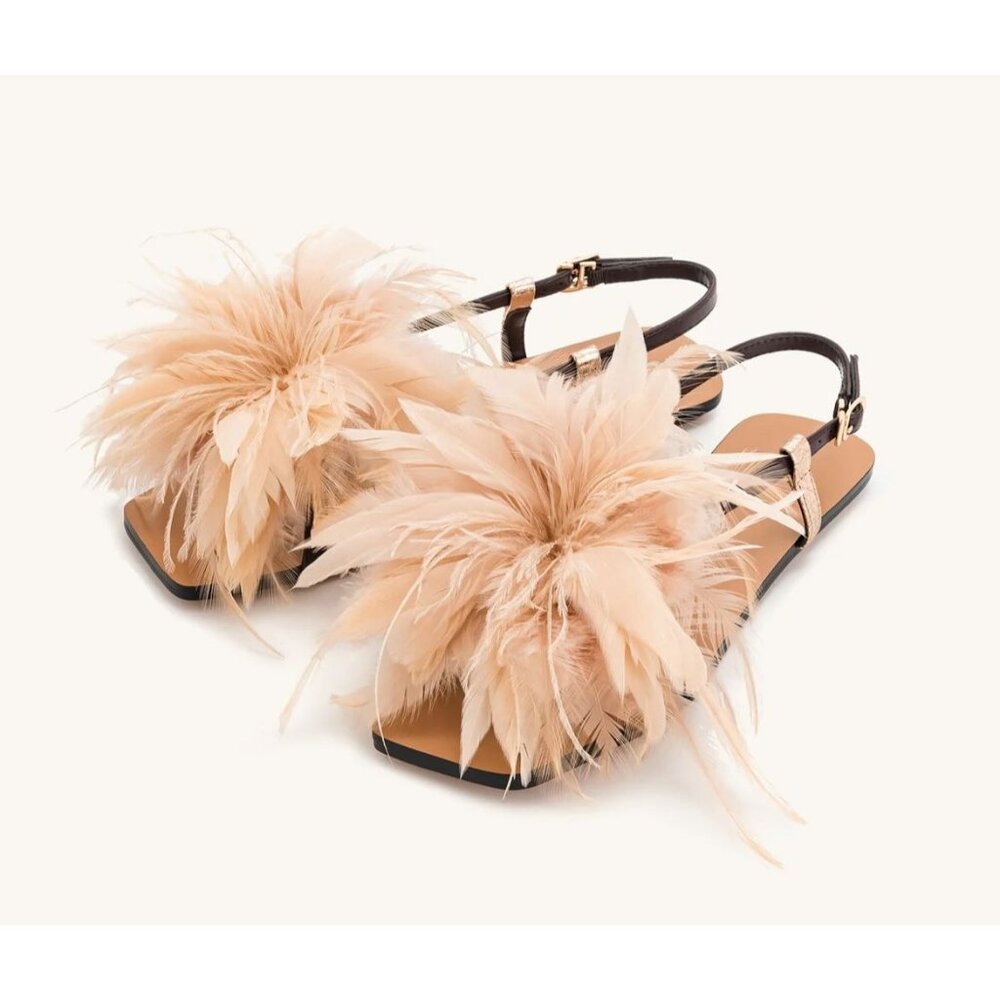 JW Pei Fluffy Flat Sandals Brown Feather Embellished Womens Size 7.5